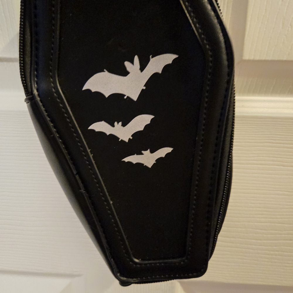 Black Coffin-Shaped Bag with White Bats